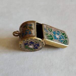Vintage Cloisonne Floral Enamel Whistle Pendant Charm in Gold Blue and Green